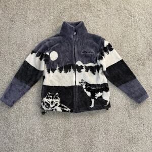 Vintage Ocean East Jacket Womens S Gray Fleece Alaska Wolf Moon Forest Scene